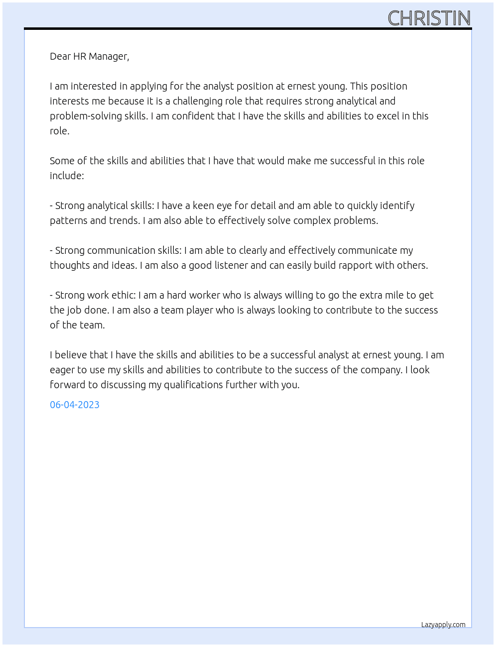analyst At ernest young Cover Letter