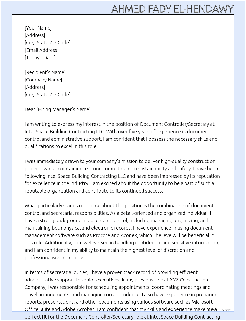 Document Contrpller / Secretary At Intel Space Building Contracting LLC Cover Letter