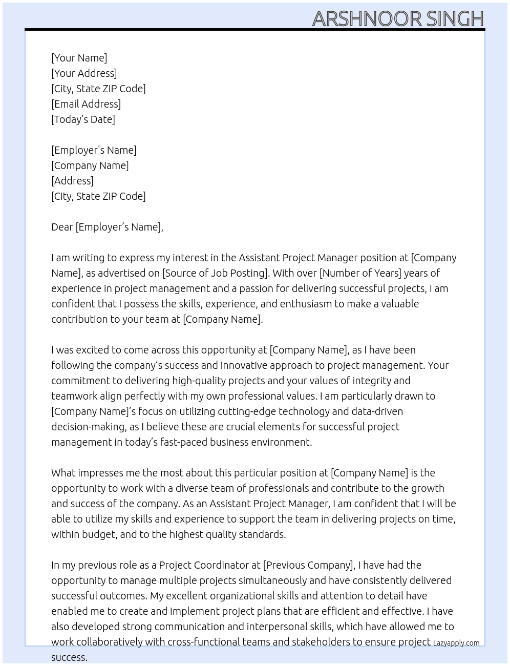 Assistant Project Manager  At wps Cover Letter