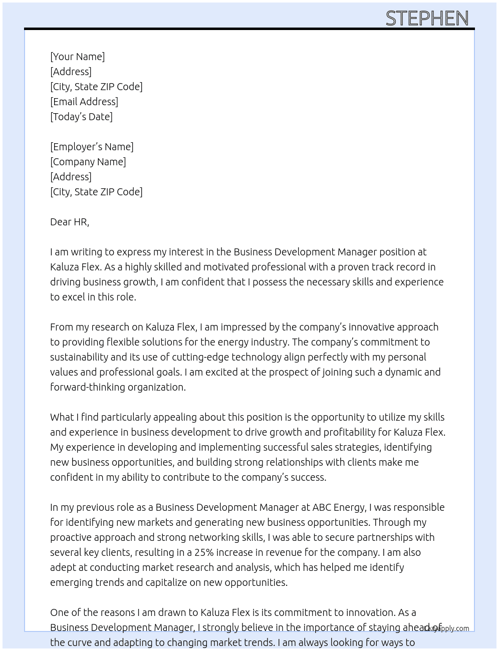 Business Development Manager At Kaluza Flex Cover Letter