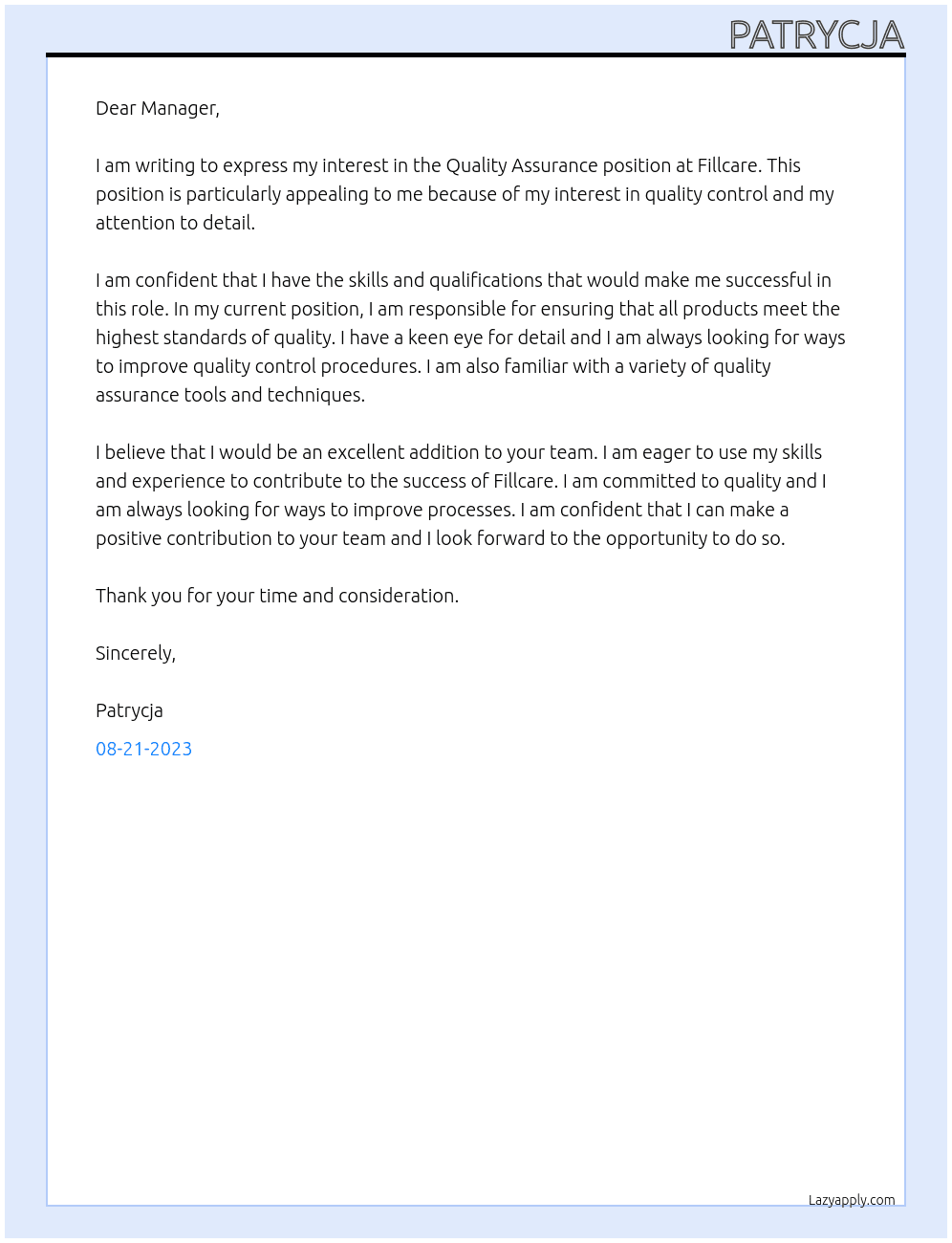 Quality assurance At Fillcare Cover Letter