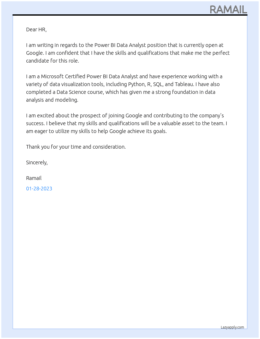 Power BI Data Analyst At Google Cover Letter