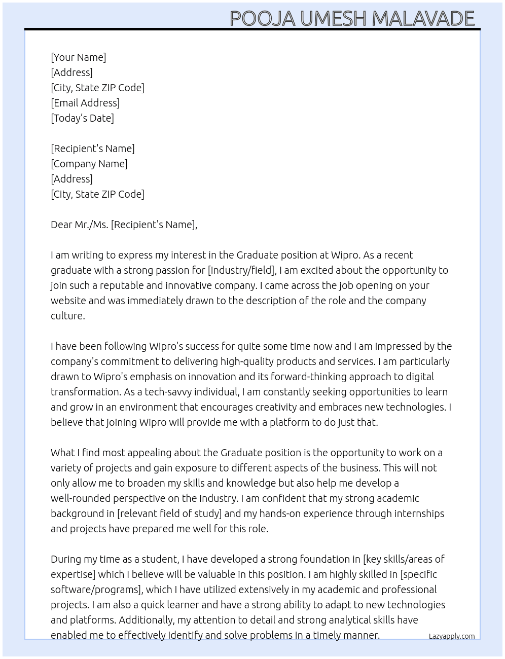 Graduate At Wipro Cover Letter