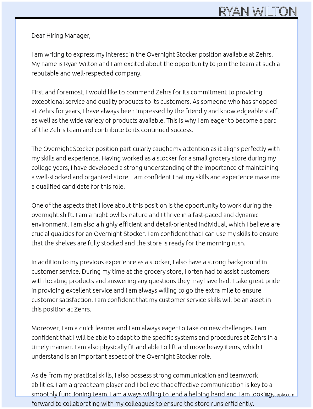 Overnight Stocker At Zehrs Cover Letter
