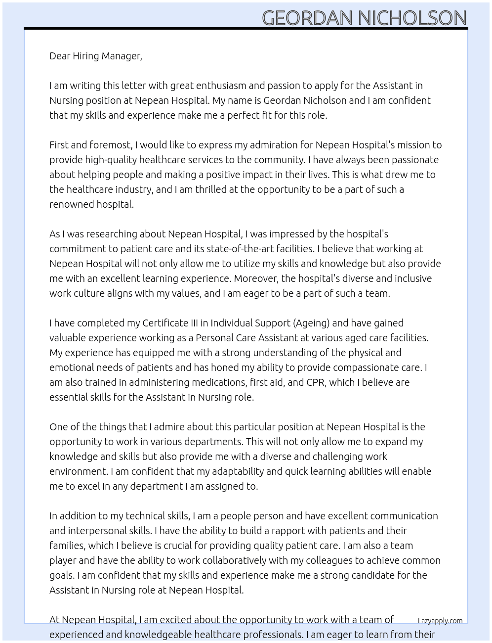 Assistant in Nursing At Nepean Hospital Cover Letter