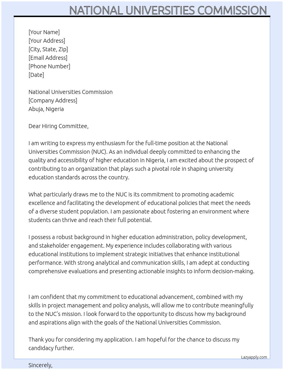 NUC At National Universities Commission  Cover Letter