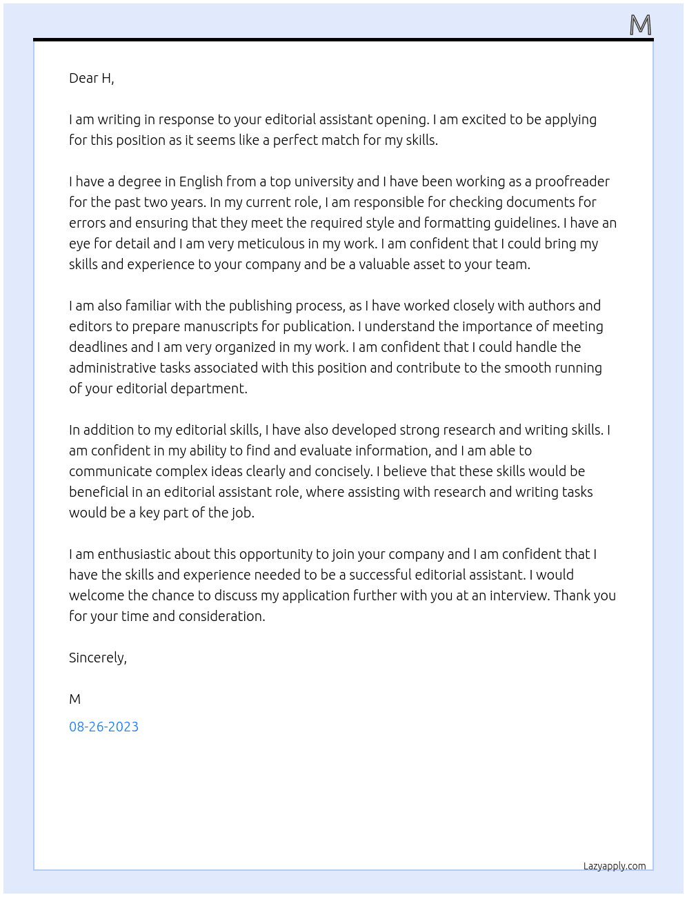 Editorial assistant  At H Cover Letter