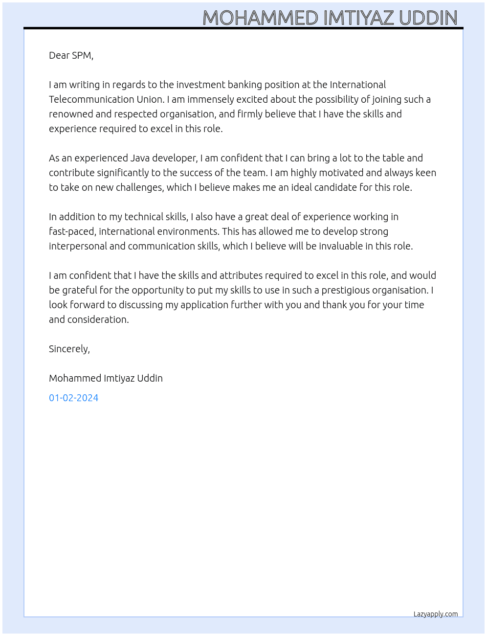 Investment banker At INTERNATIONAL TELECOMMUNICATION UNION Cover Letter