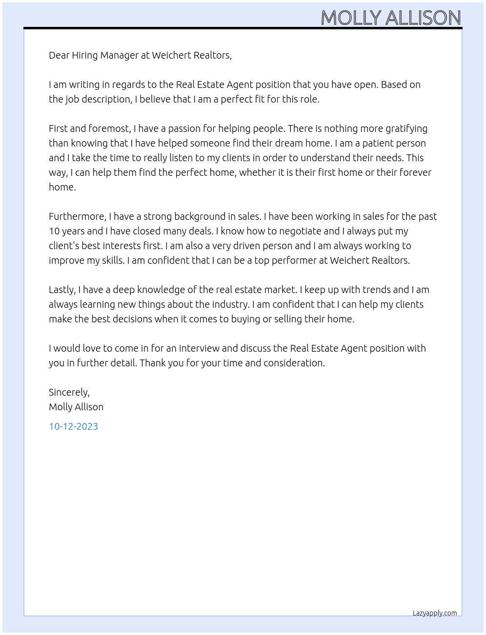Real Estate Agent At Weichert Realtors Cover Letter