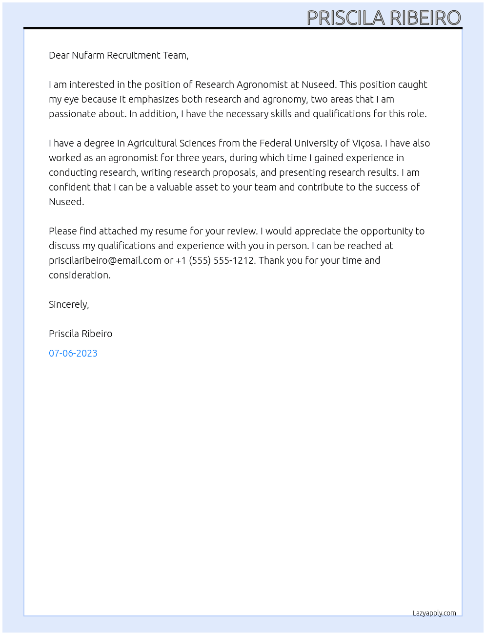 Research Agronomist At Nuseed Cover Letter