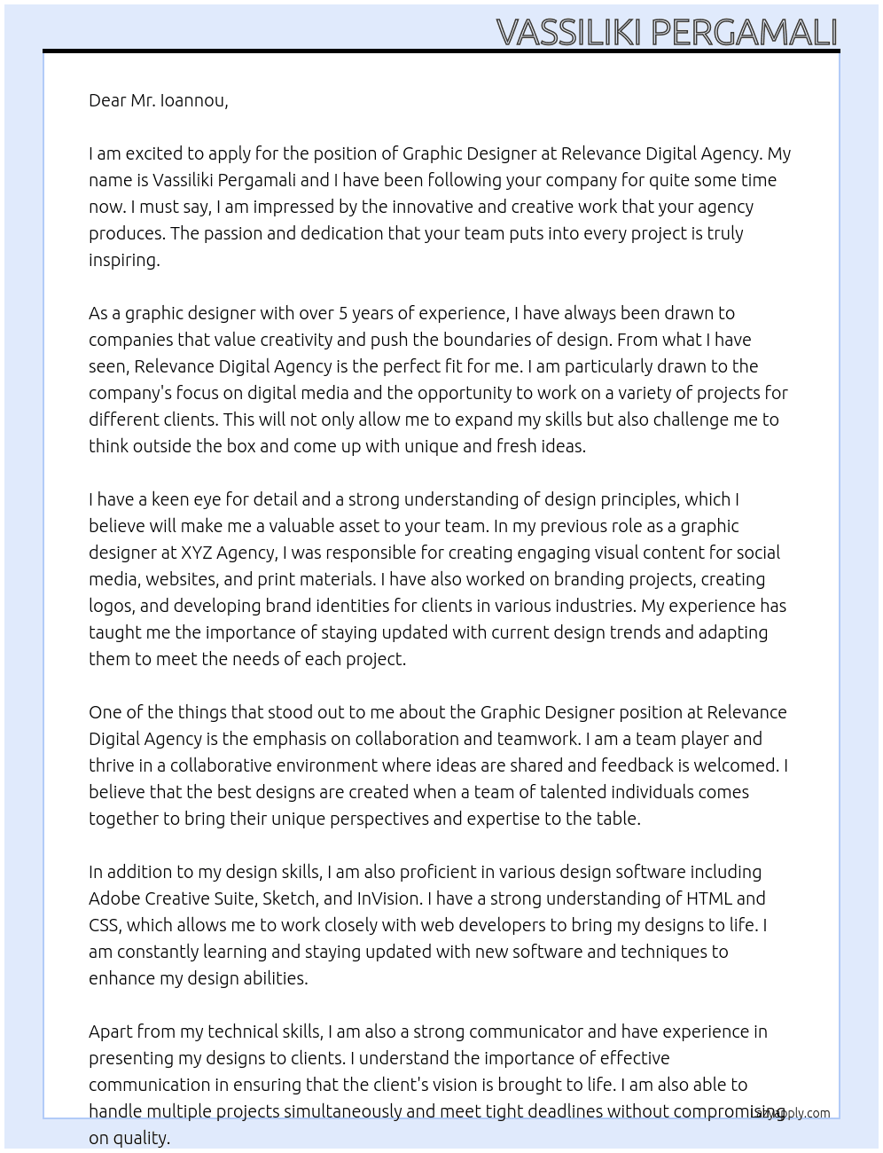 Graphic Designer At Relevance Digital Agency Cover Letter