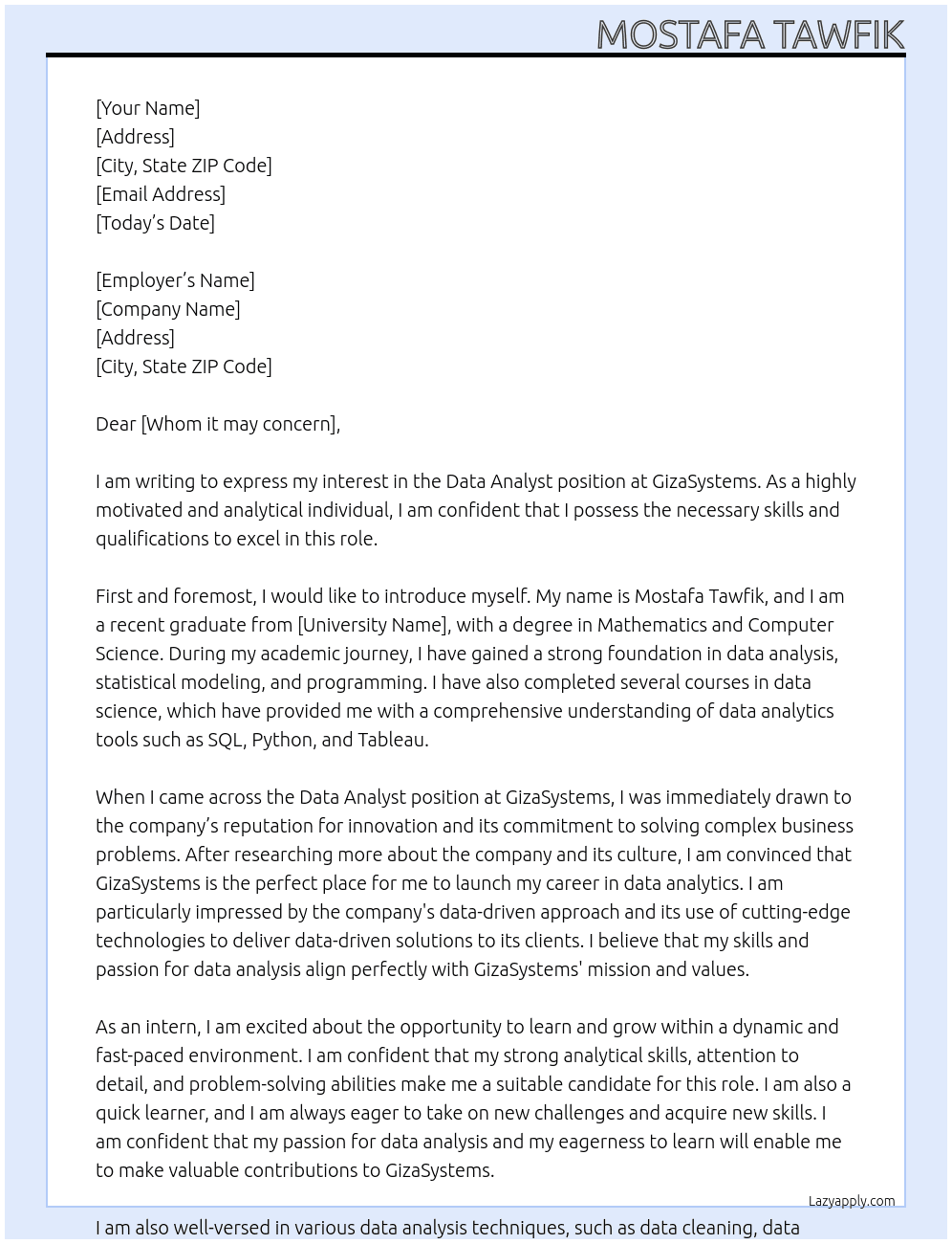 Data Analyst At GizaSystems Cover Letter