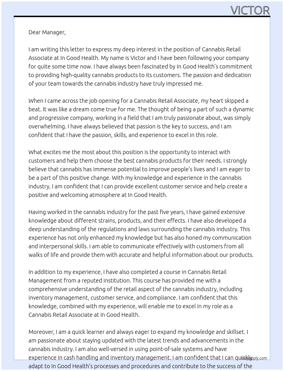 Cannabis Retail Associate At In Good Health Cover Letter