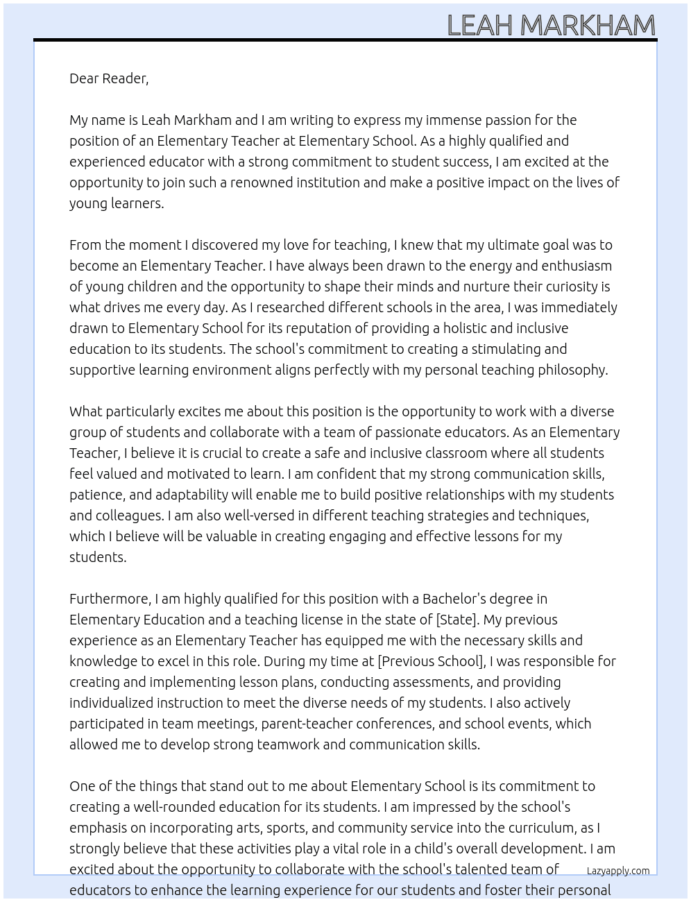 Elementary teacher At Elementary School Cover Letter