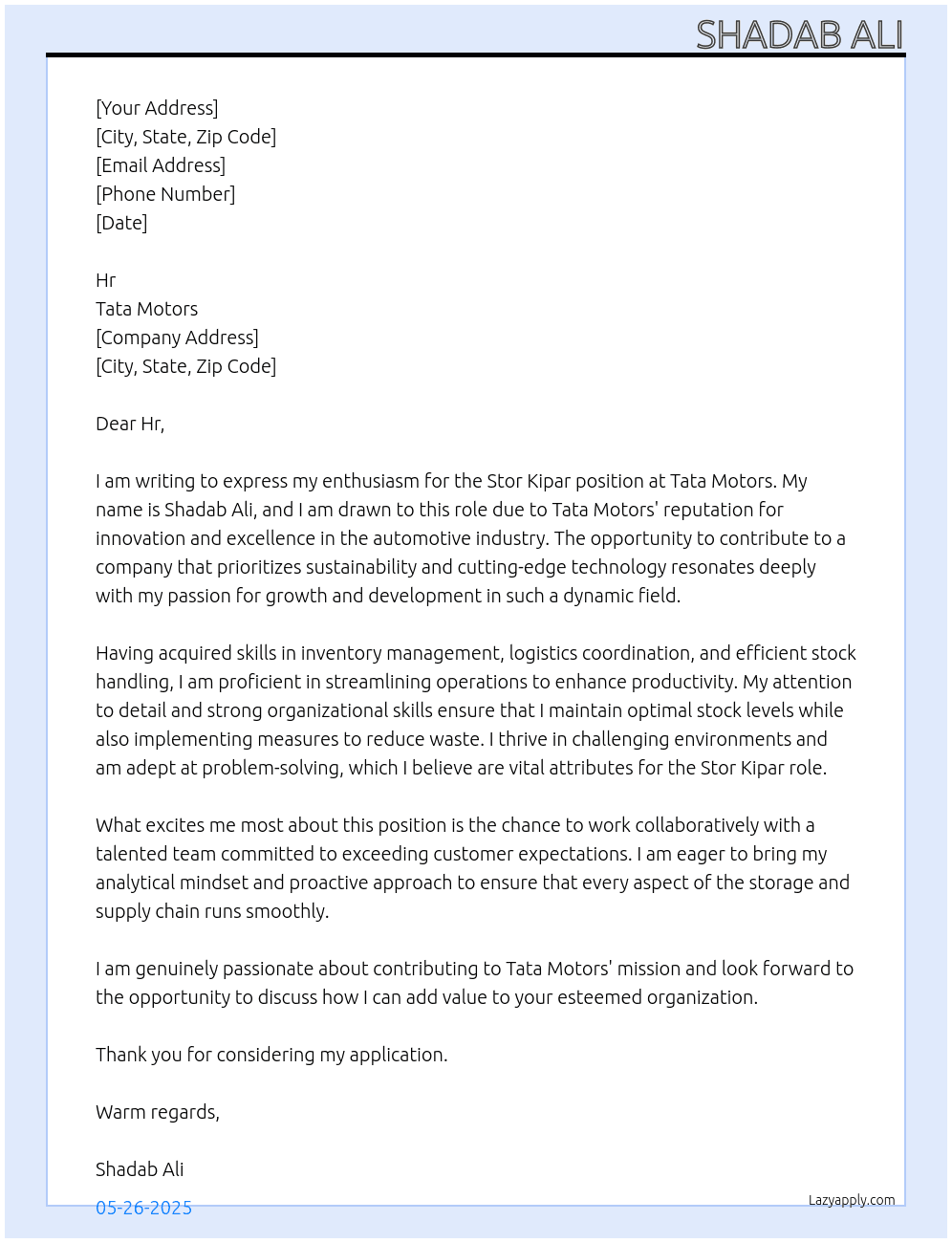 Cover letter for stor kipar - LazyApply