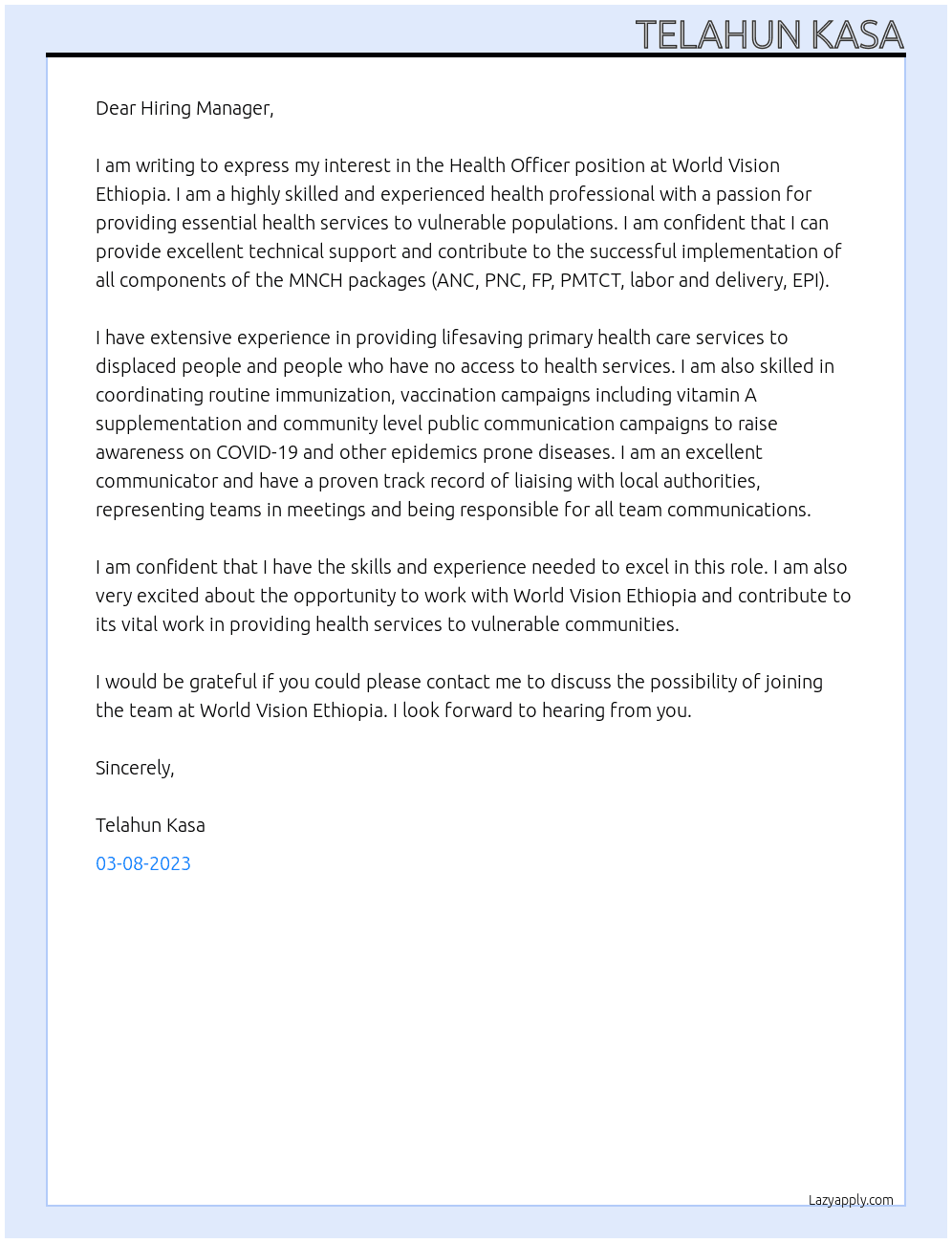 Health Officer At World Vision Ethiopia Cover Letter