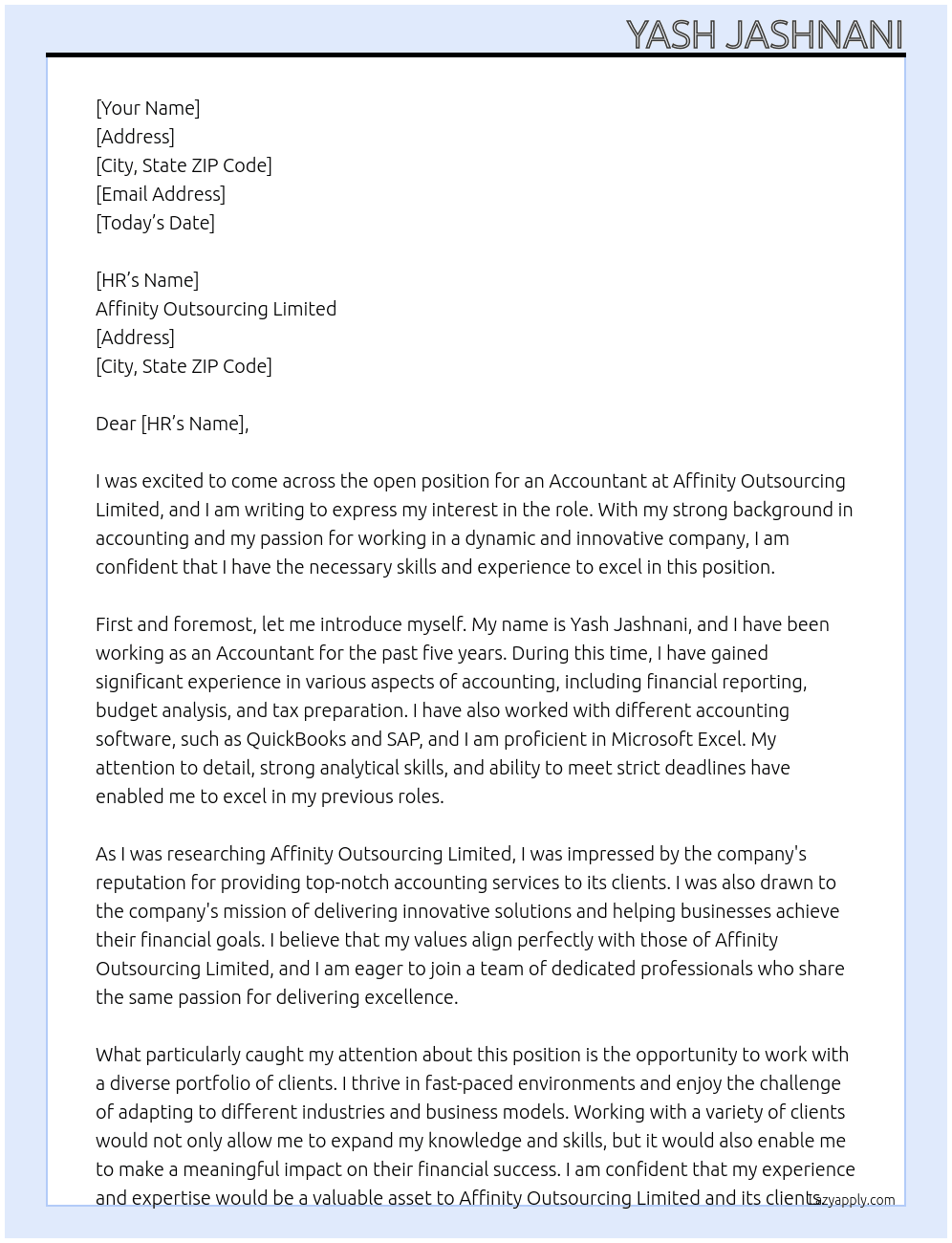 Accountant At Affinity Outsourcing Limited Cover Letter
