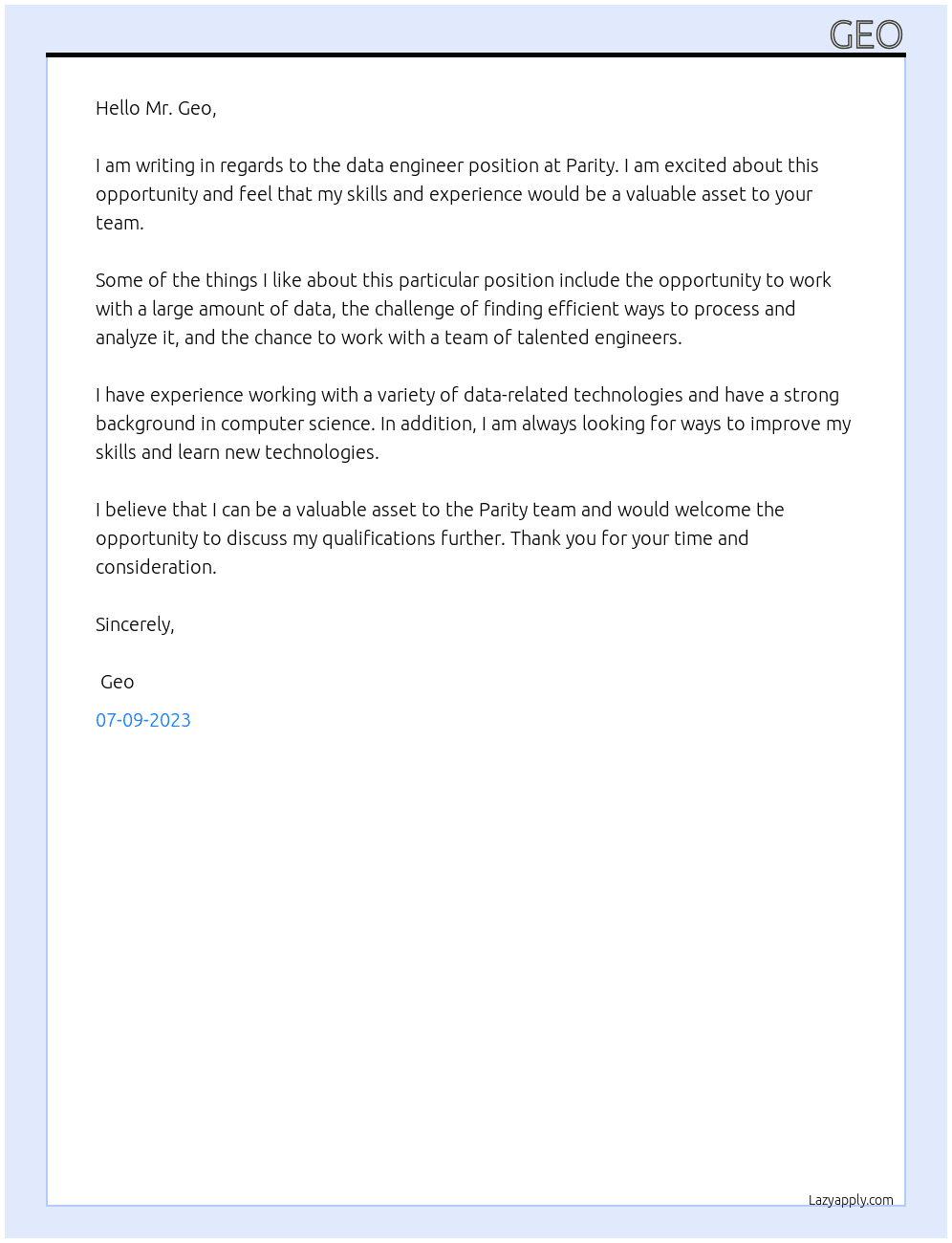 Data Engineer At Parity Cover Letter