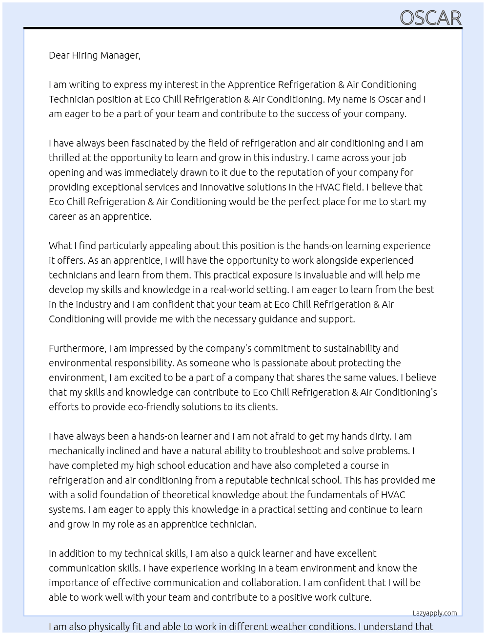 Apprentice Refrigeration & Air conditioning Technician At Eco Chill Refrigeration & Air Conditioning Cover Letter
