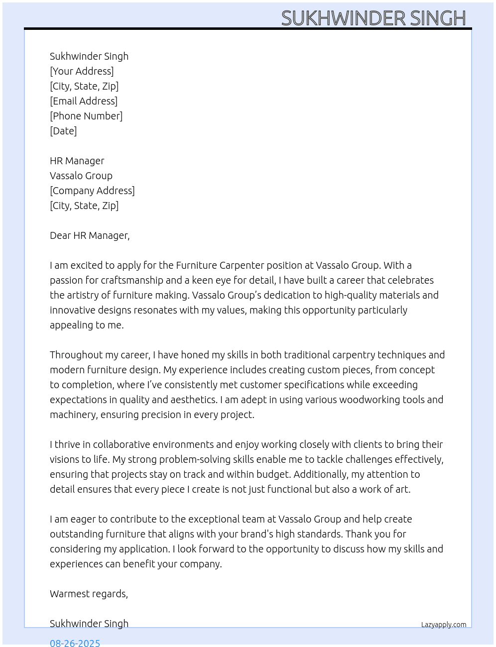 Furniture carpenter At Vassalo group  Cover Letter