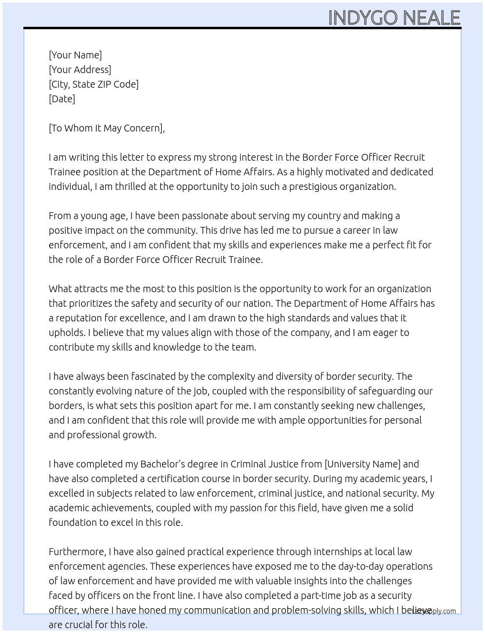 Border Force Officer Recruit Trainee At Department of Home Affairs  Cover Letter