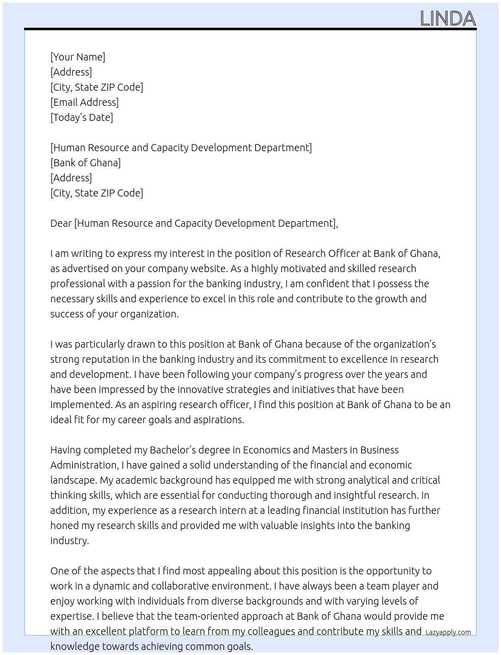 Research Officer At Bank of Ghana Cover Letter