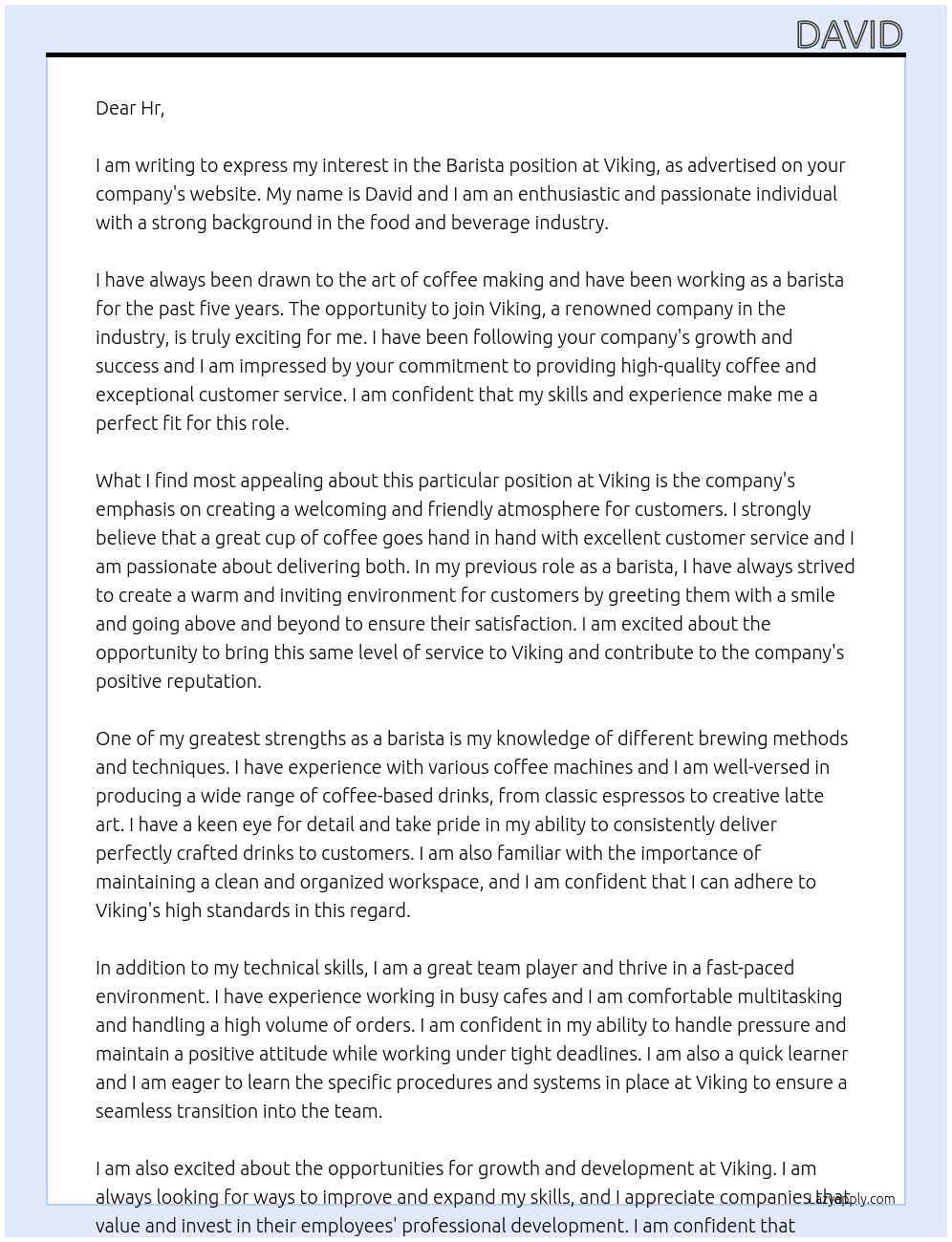 Barista  At Viking Cover Letter
