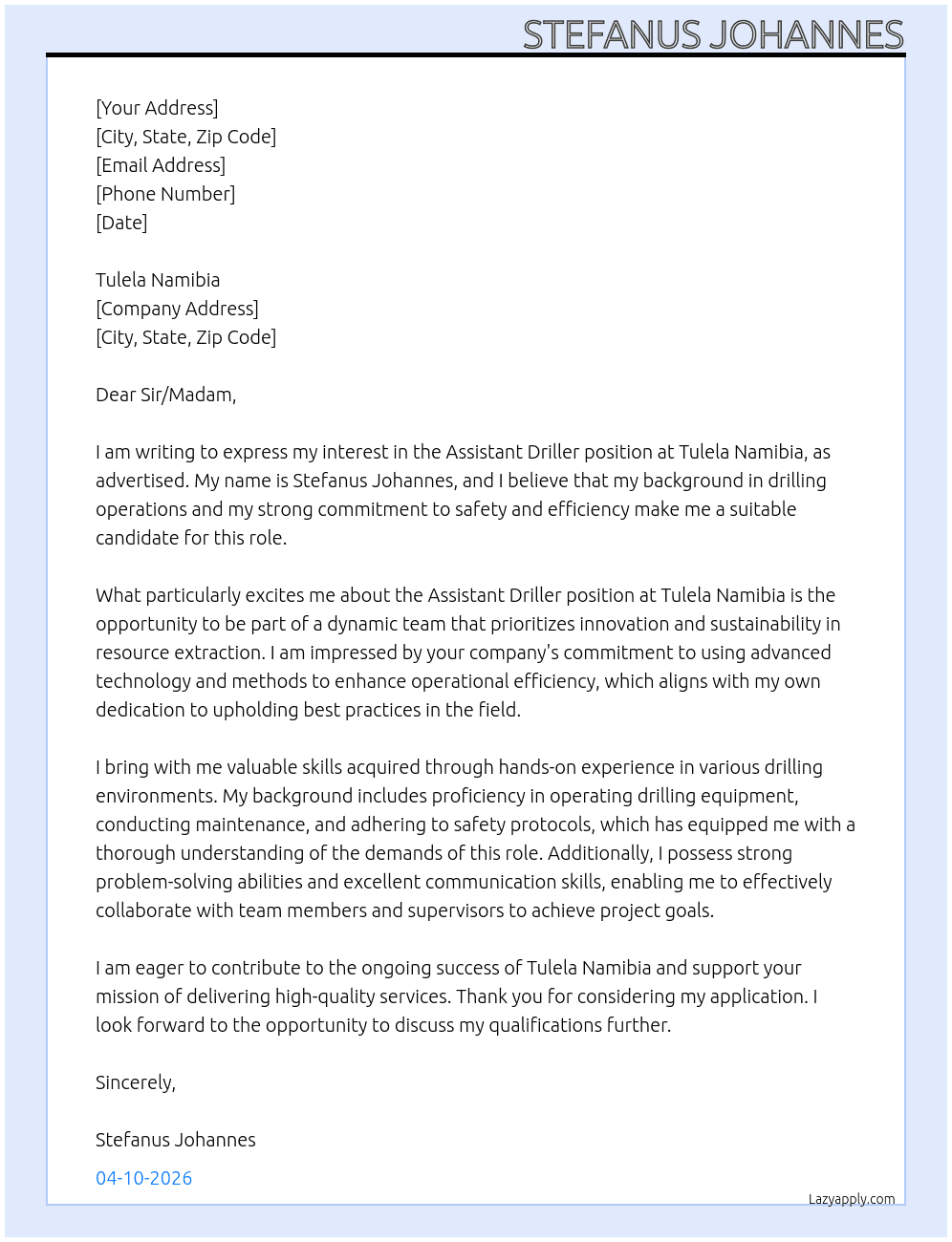 Cover letter for assistant driller - LazyApply