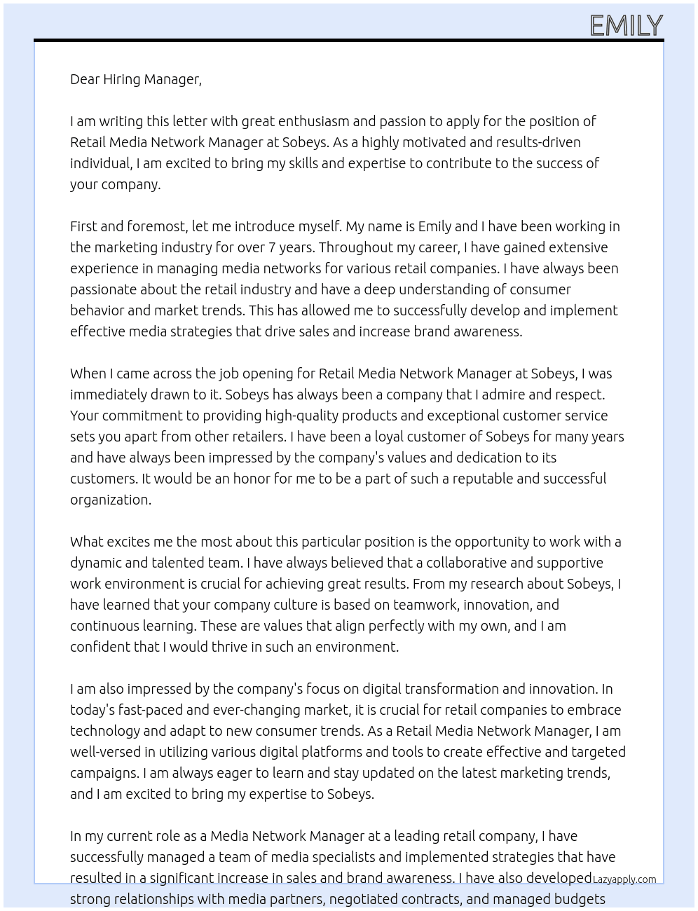 Retail Media Network Manager   At Sobeys Cover Letter