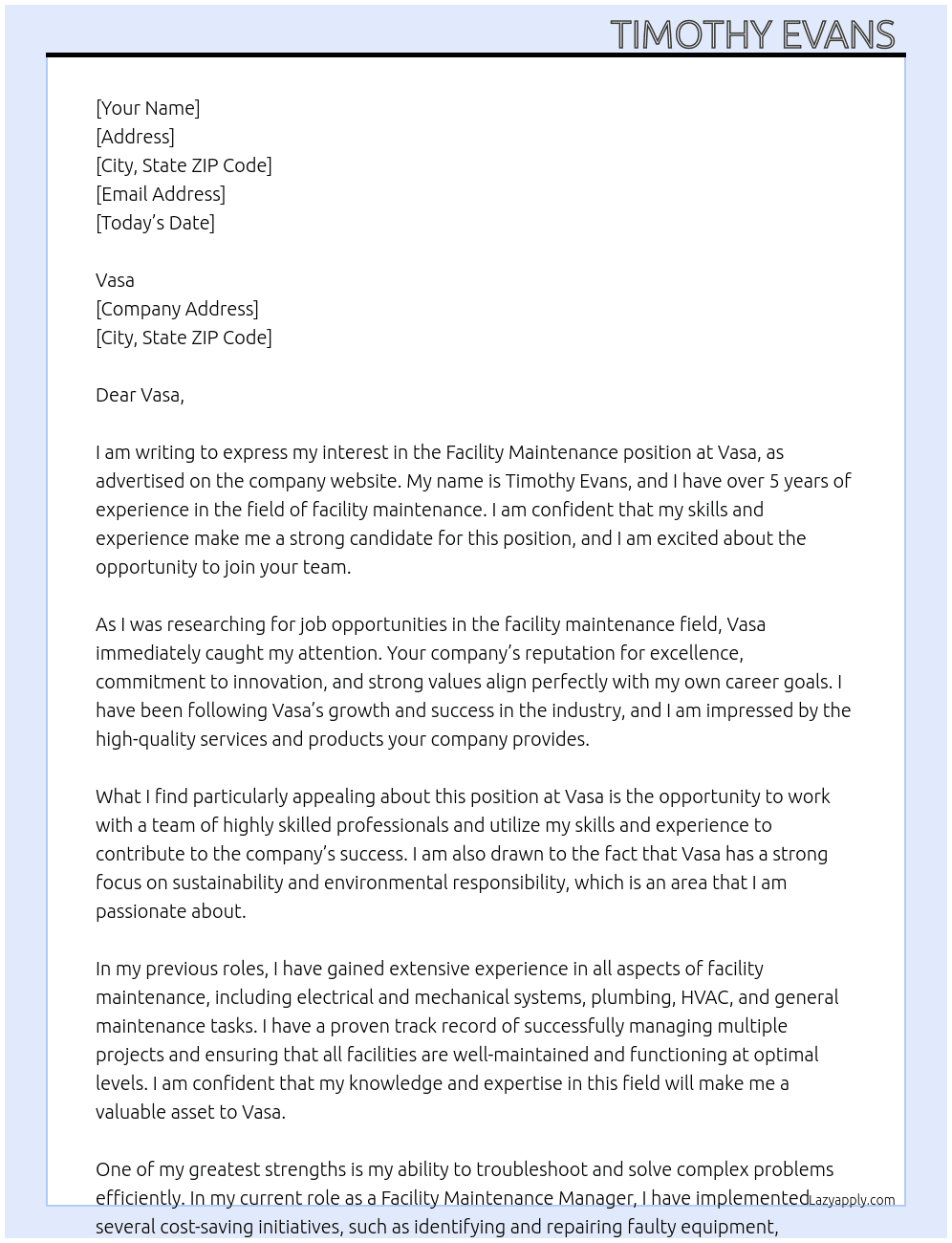 Facility maintenance At Vasa Cover Letter