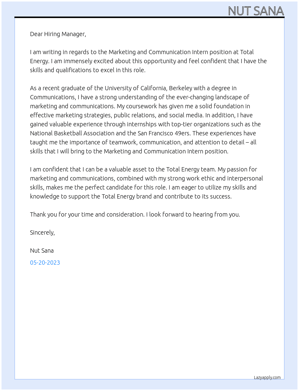 Marketing and communication intern At Total Energy  Cover Letter