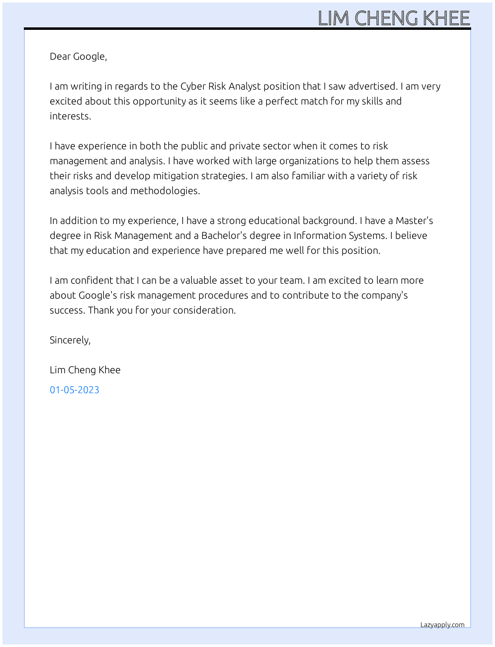 Cover letter for cyber risk analyst - LazyApply