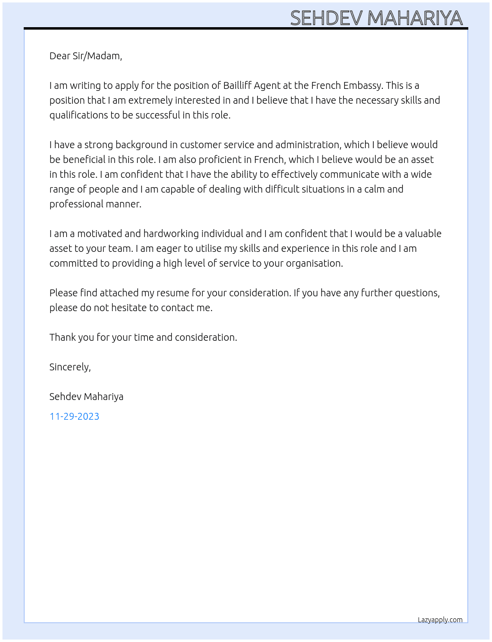 Bailliff Agent At French Embassy Cover Letter