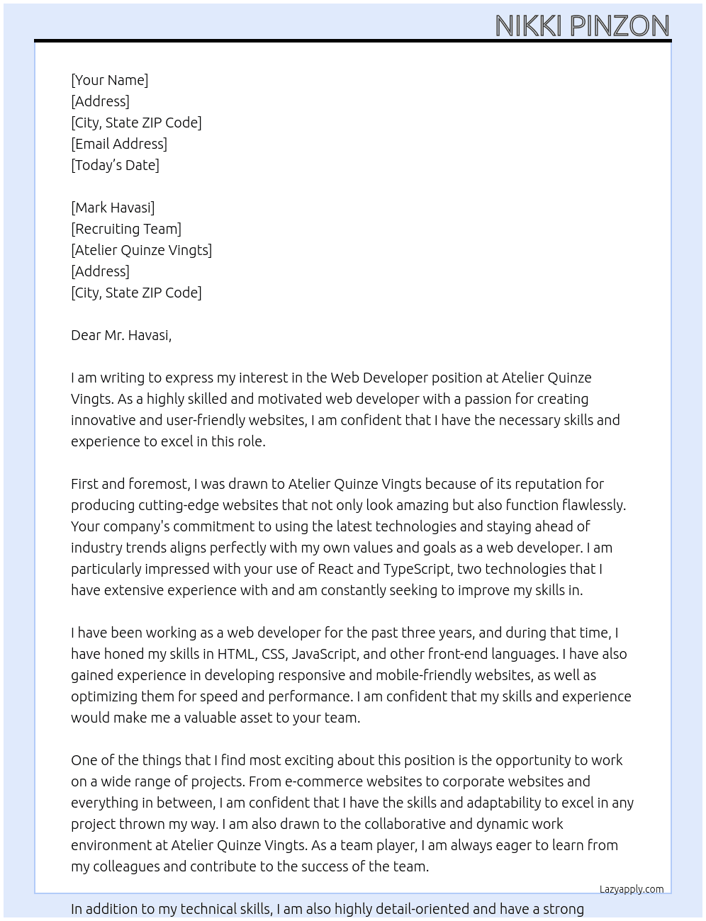 Web Developer At Atelier Quinze Vingts Cover Letter