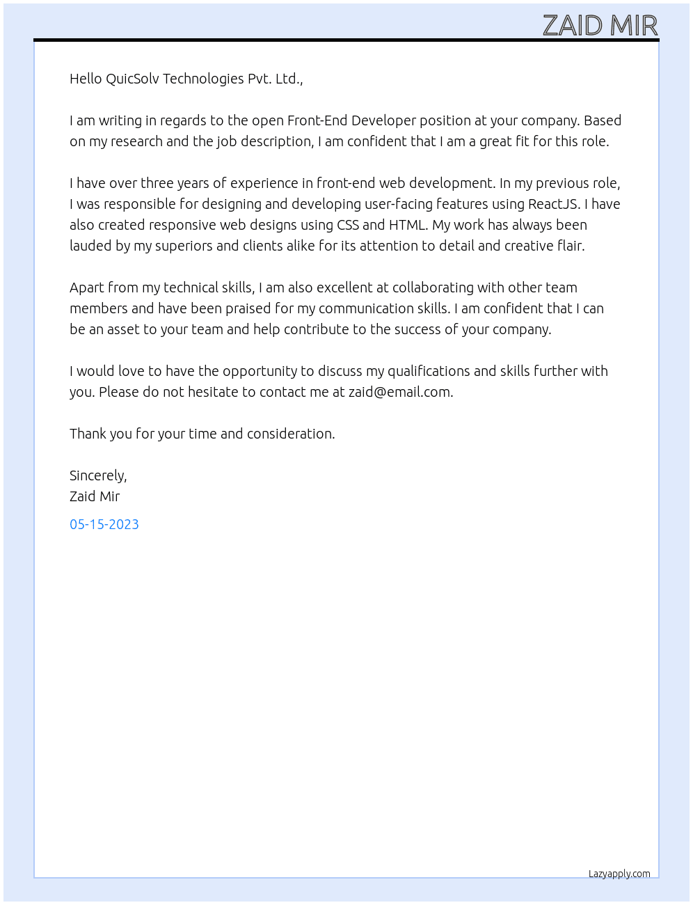 Front-End Developer At QuicSolv Technologies Pvt. Ltd. Cover Letter