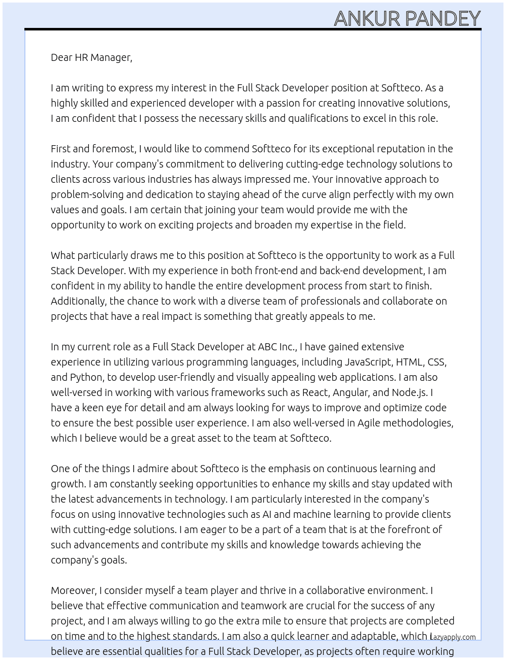 full stack developer At softteco Cover Letter