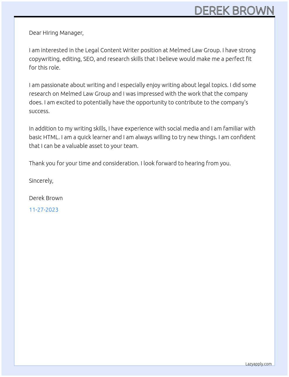 Legal Content Writer At Melmed Law Group Cover Letter