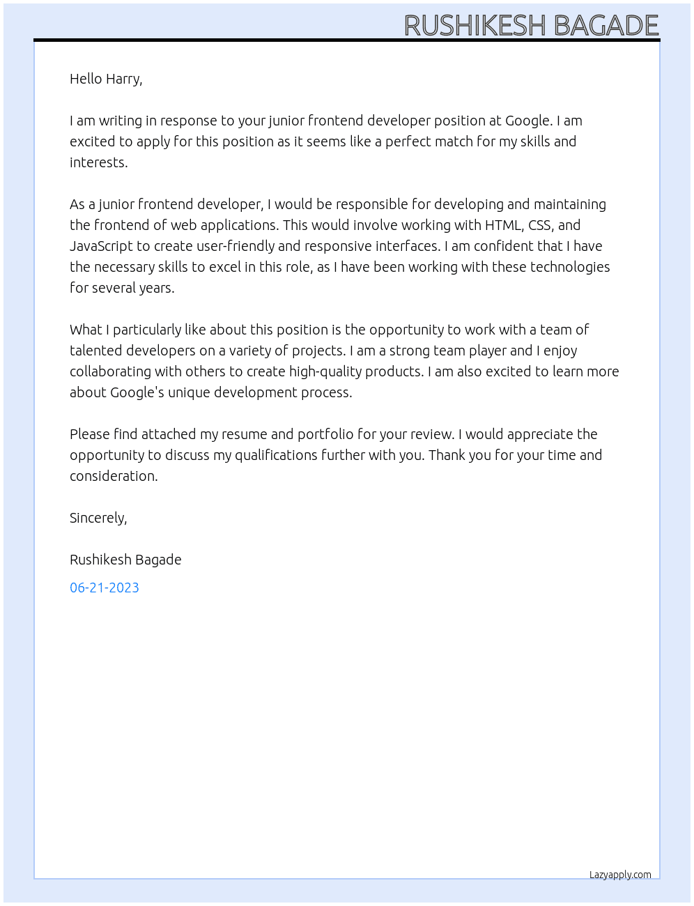 junior frontend developer At google Cover Letter
