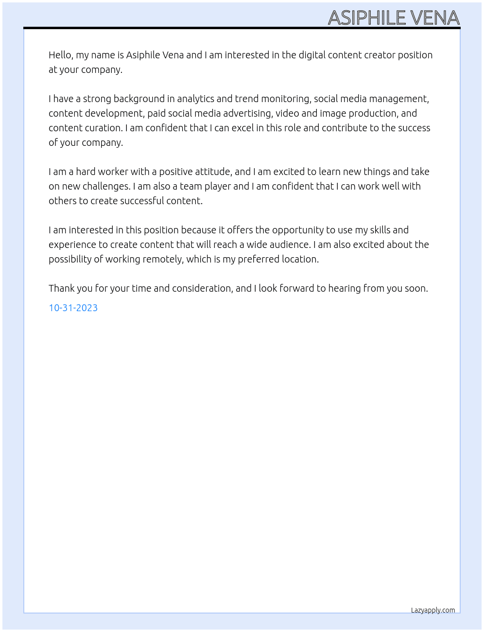 digital content creator At lukhanyovena8@gmail.com Cover Letter