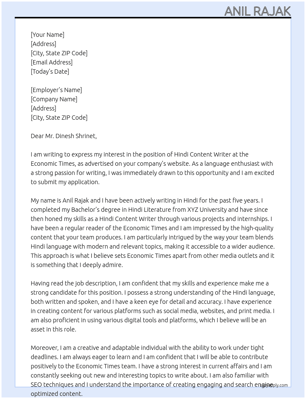 Hindi content writer  At Economic times  Cover Letter