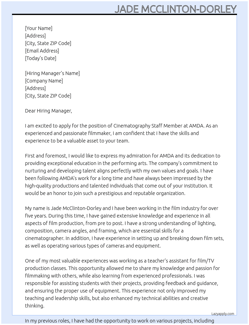 Cinematography Staff Member At AMDA Cover Letter