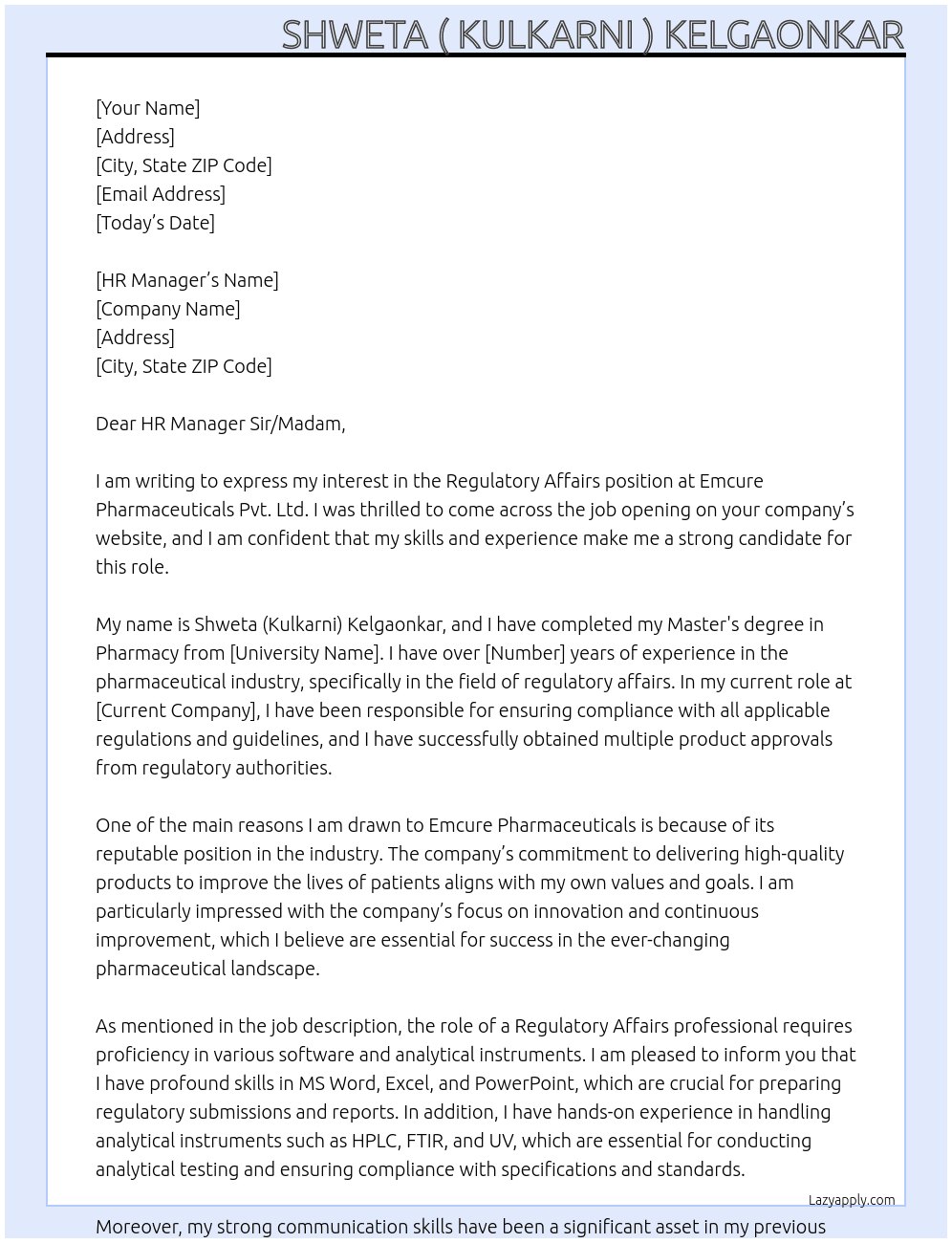 Regulatory Affairs  At Emcure Pharmaceuticals Pvt. Ltd Pune Maharashtra P Cover Letter