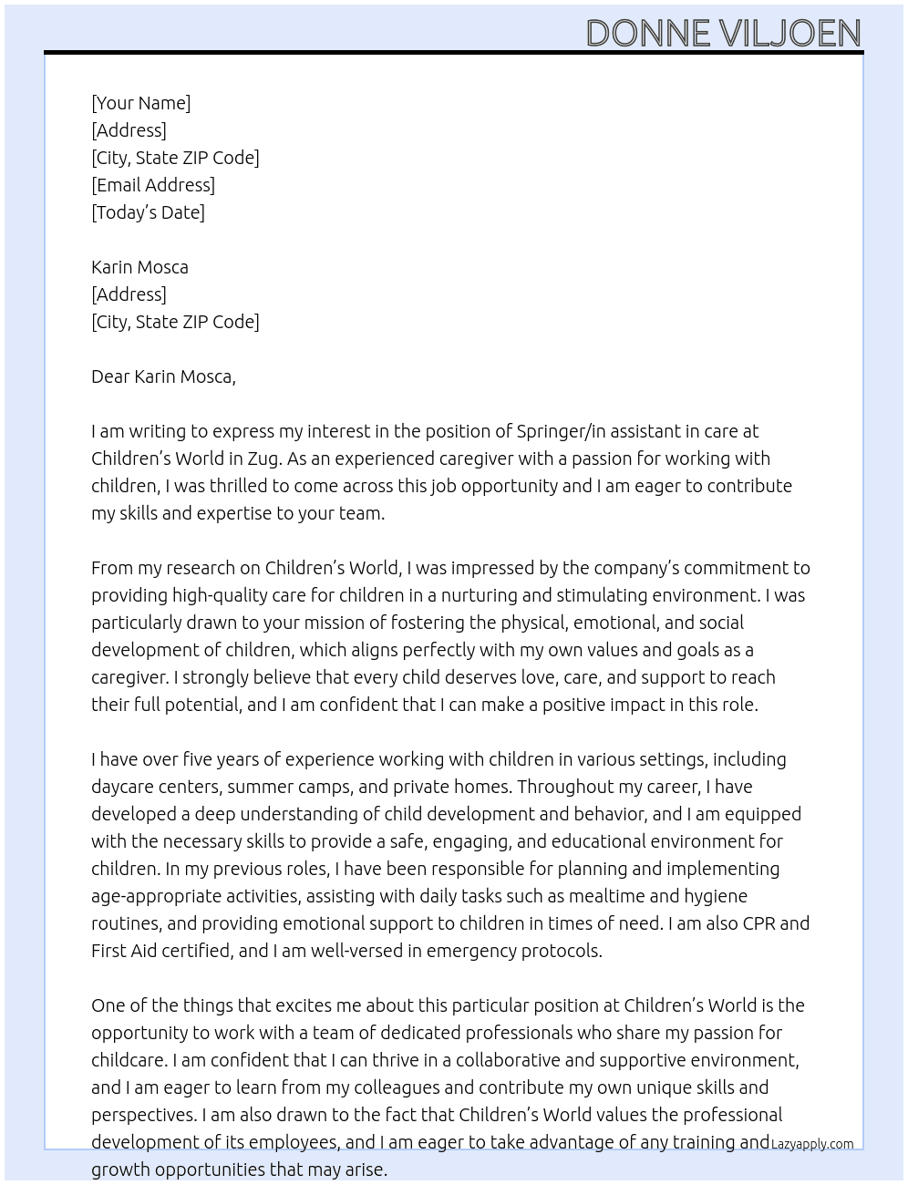 Springer/in as an assistant in care At Children's World Cover Letter