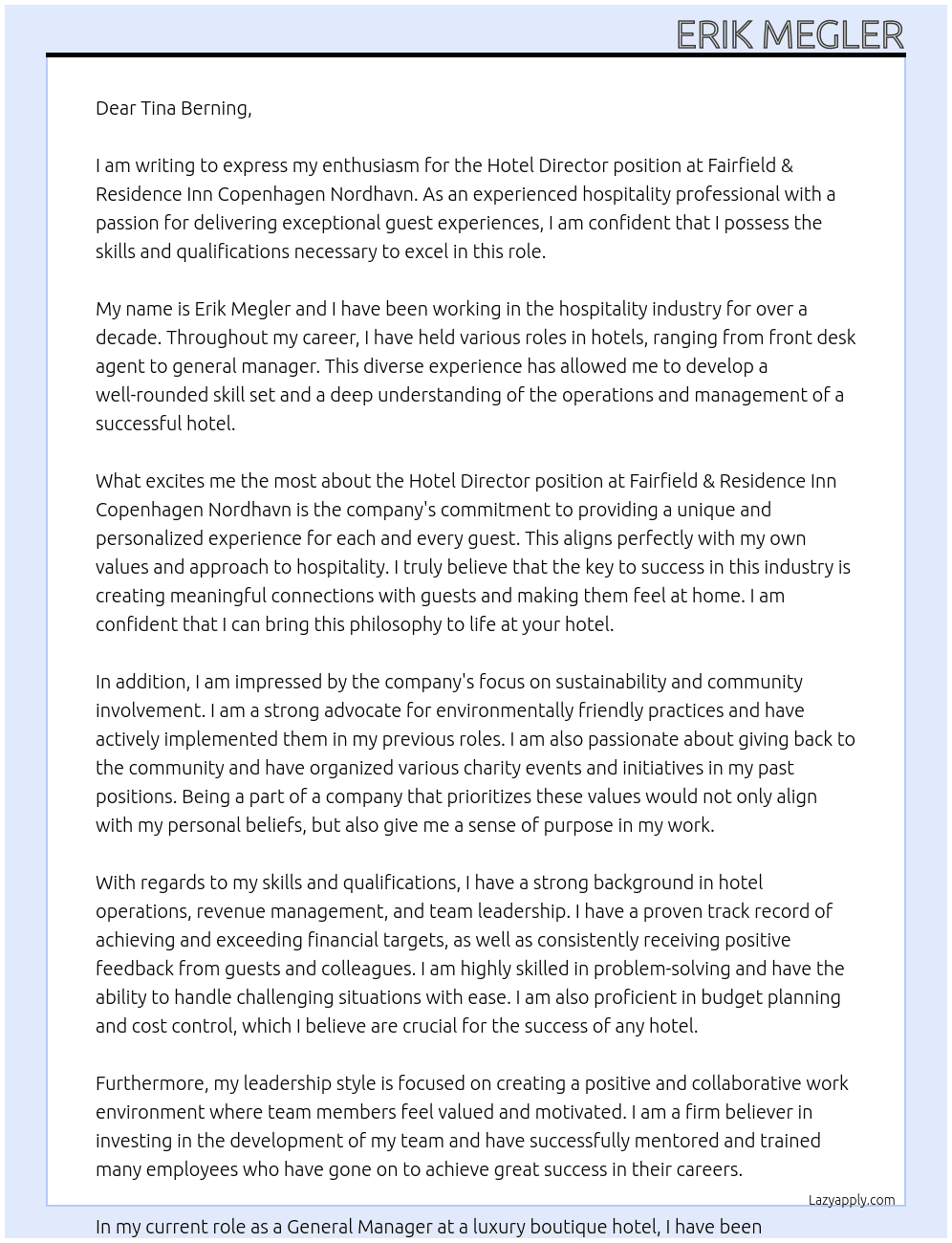 Hotel Director At Fairfield & Residence Inn Copenhagen Nordhavn Cover Letter