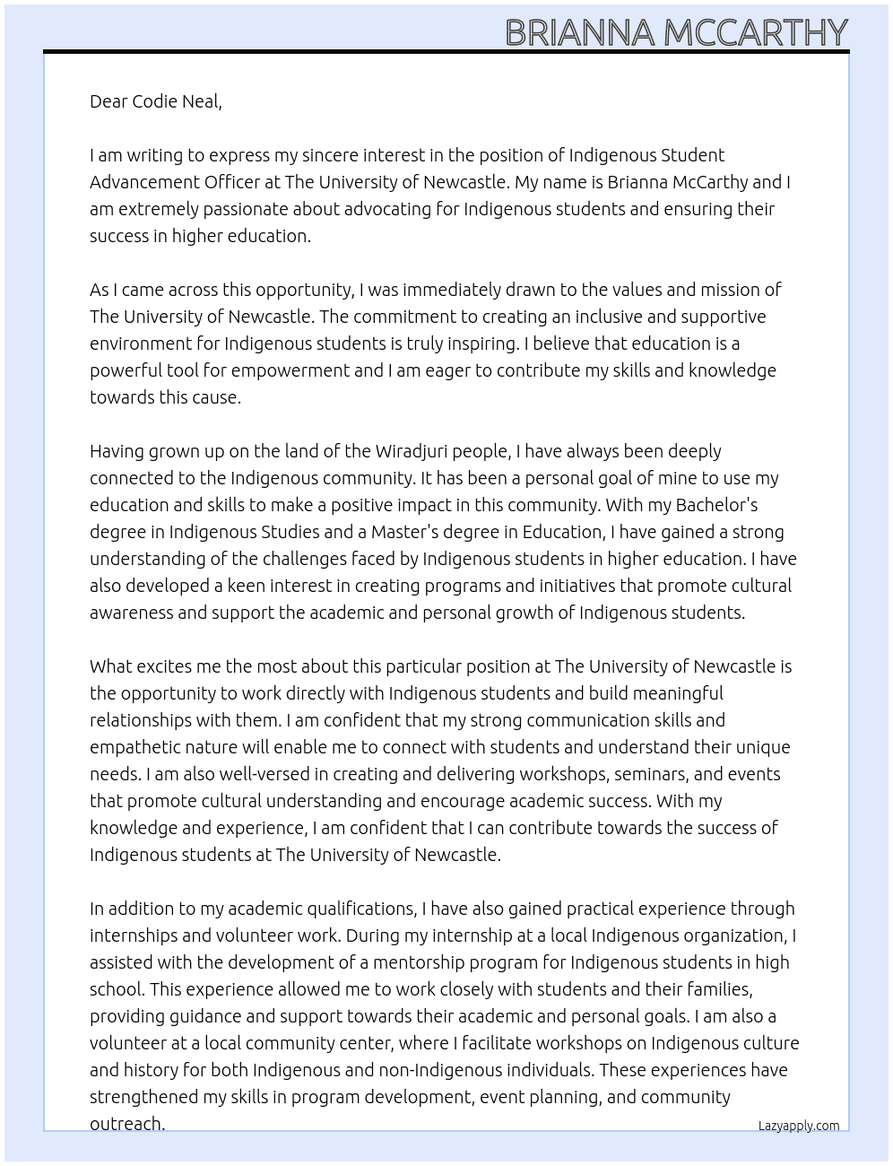 Indigenous Student Advancement Officer At The University of Newcastle Cover Letter