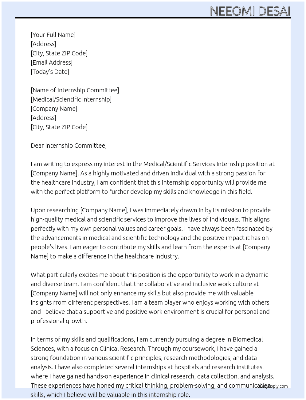 Medical /scientific services internship At Medical/sceintifuc internship Cover Letter