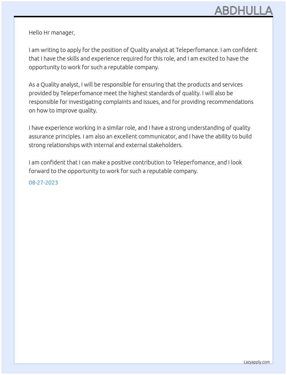 Quality analyst  At Teleperfomance Cover Letter