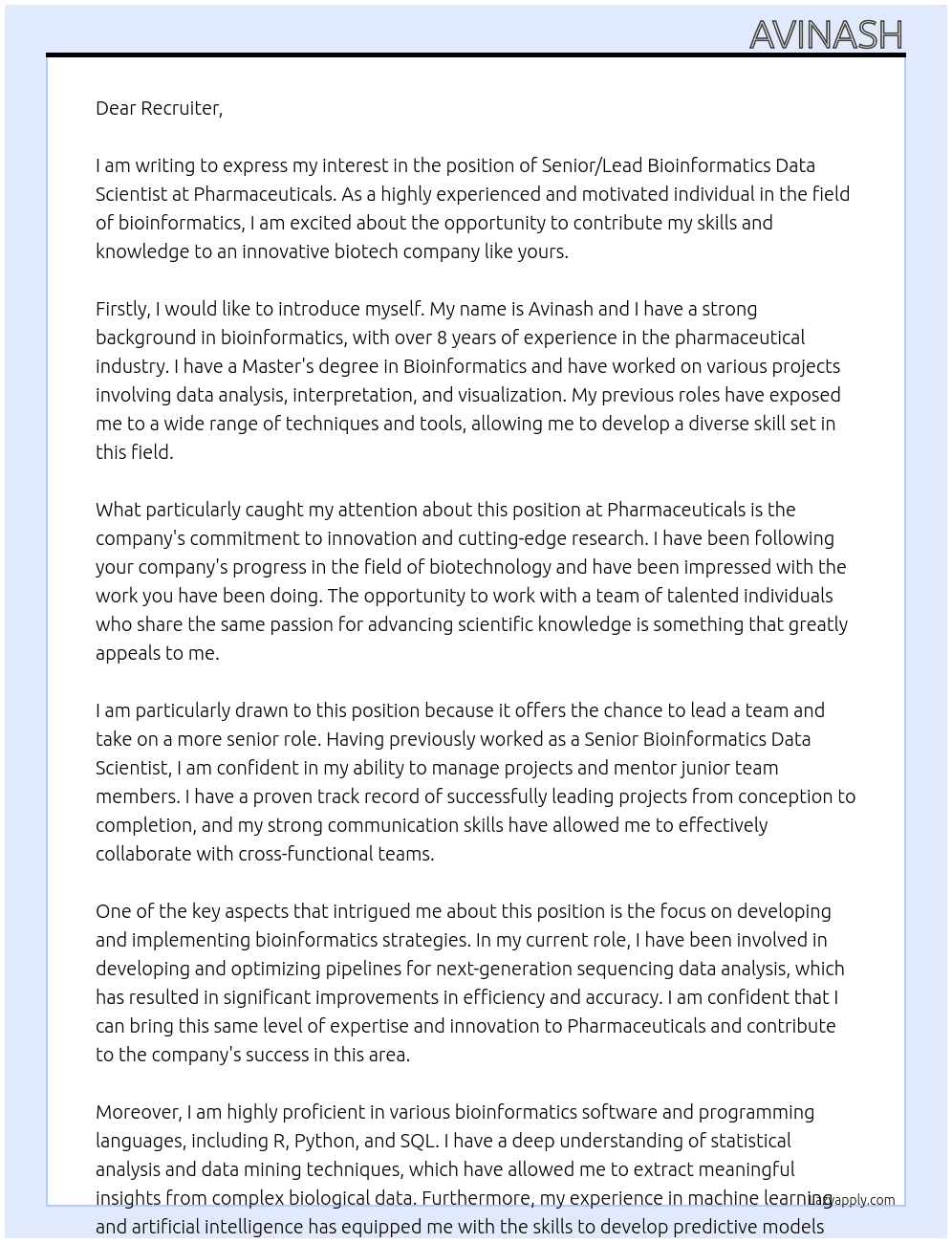 Senior / Lead Bioinformatics Data Scientist – innovative biotech At Pharmaceuticals Cover Letter