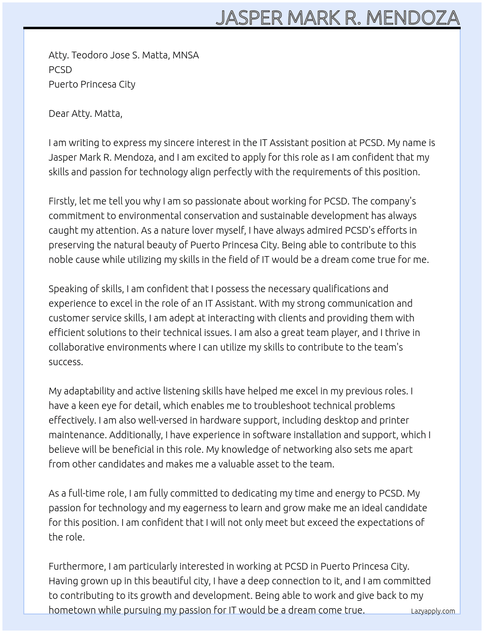 IT Asssistant At PCSD Cover Letter