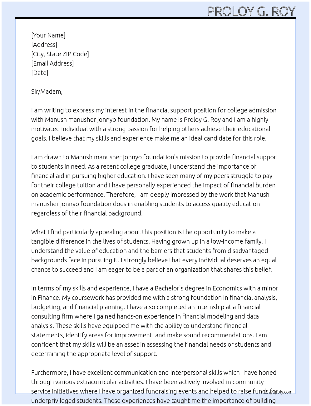  financial support for  college admission At Manush manusher jonnyo foundation Cover Letter